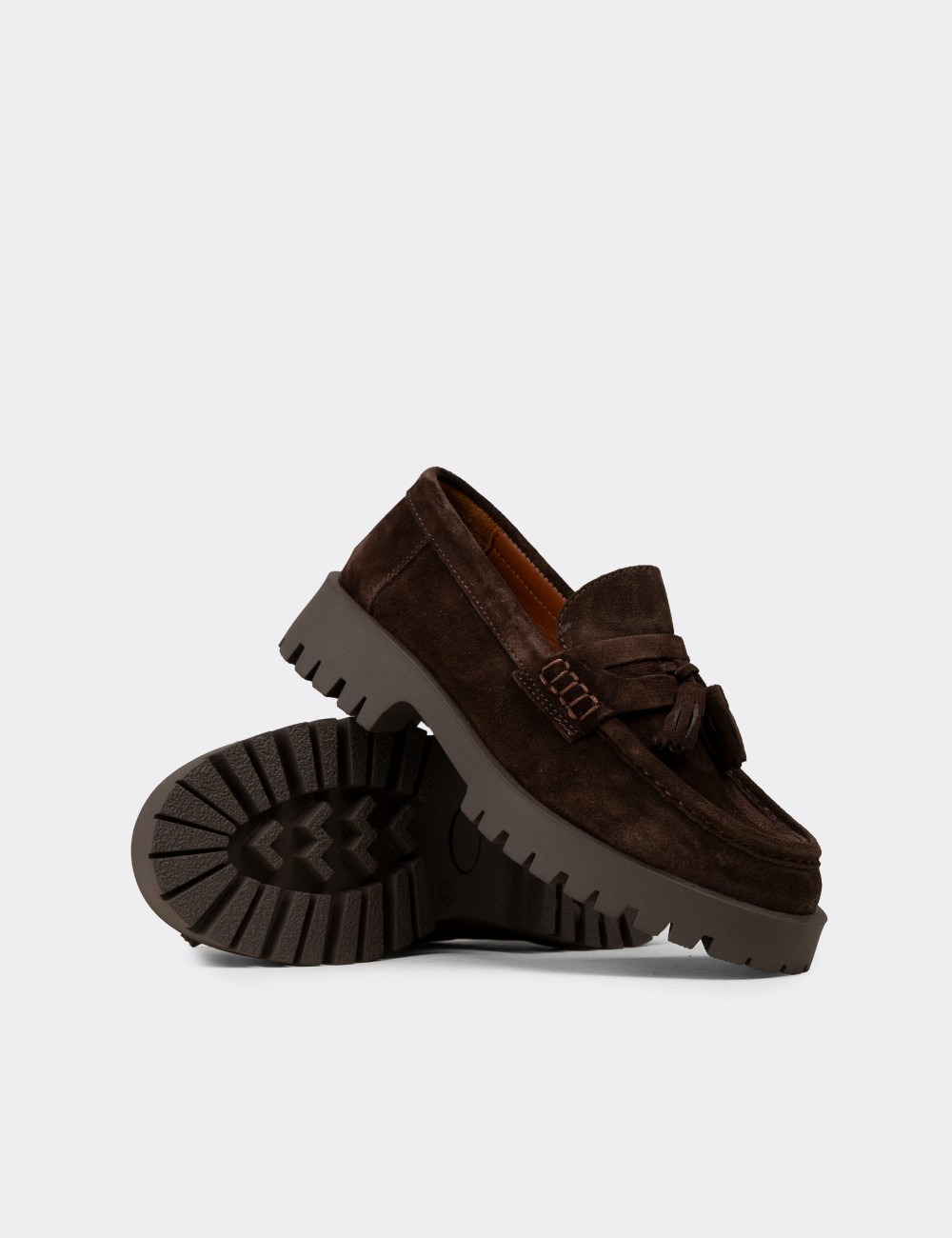 Women's Brown Suede Leather Tassel Loafers - 02035ZKHVC01