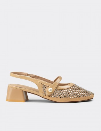 Women's Sandstone Crystal-Decorated Slingback Heels