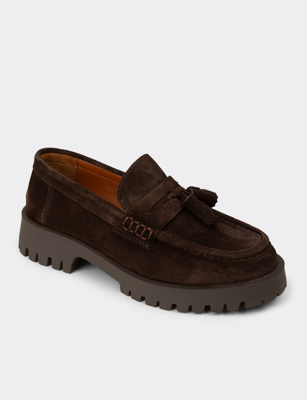 Women's Brown Suede Leather Tassel Loafers - 02035ZKHVC01