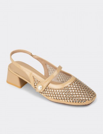 Women's Sandstone Crystal-Decorated Slingback Heels
