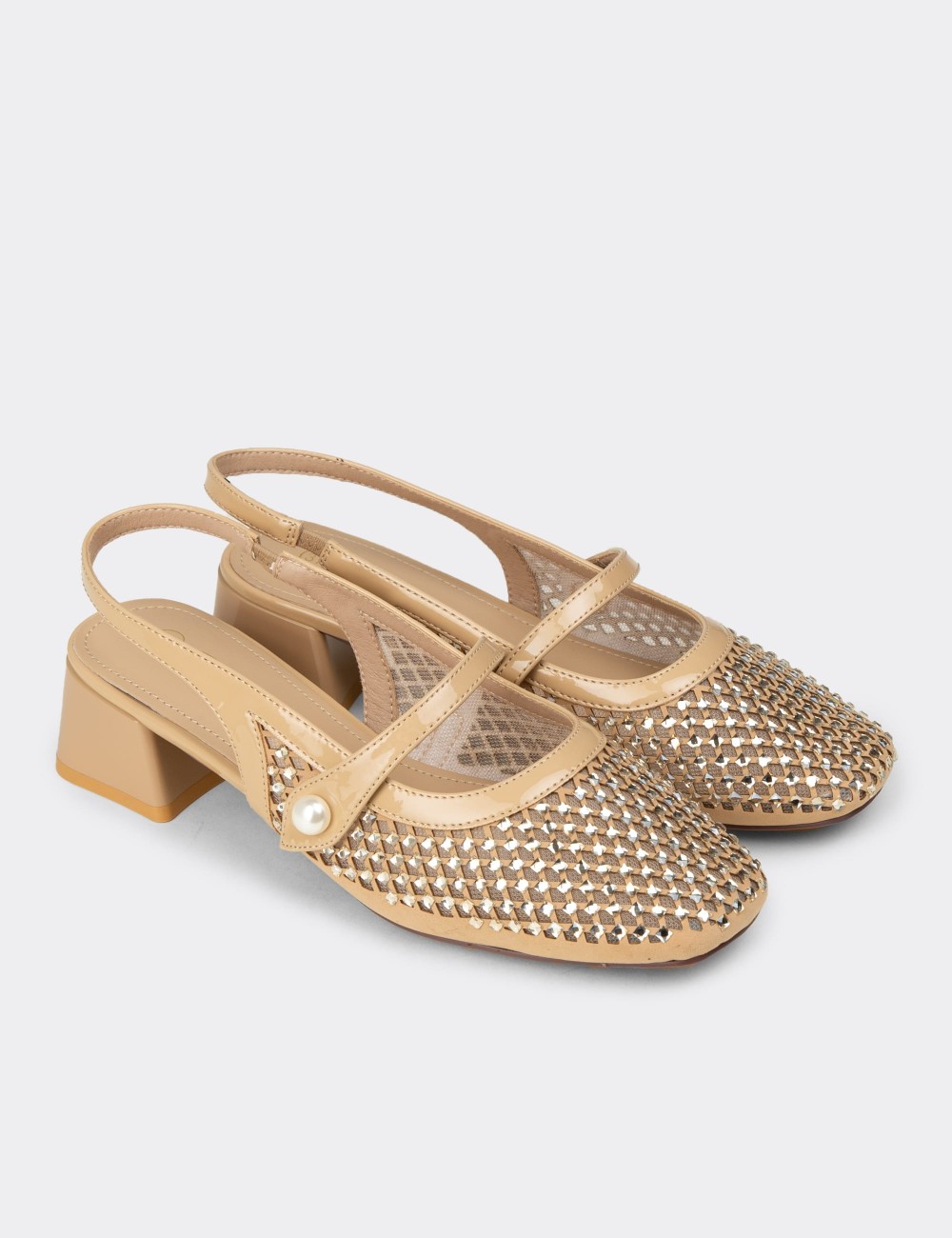 Women's Sandstone Crystal-Decorated Slingback Heels - 26487ZVZNP01