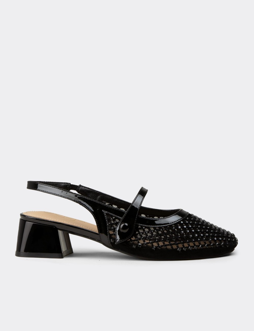 Women's Black Crystal-Decorated Slingback Heels - 26487ZSYHP01