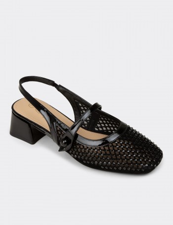 Women's Black Crystal-Decorated Slingback Heels