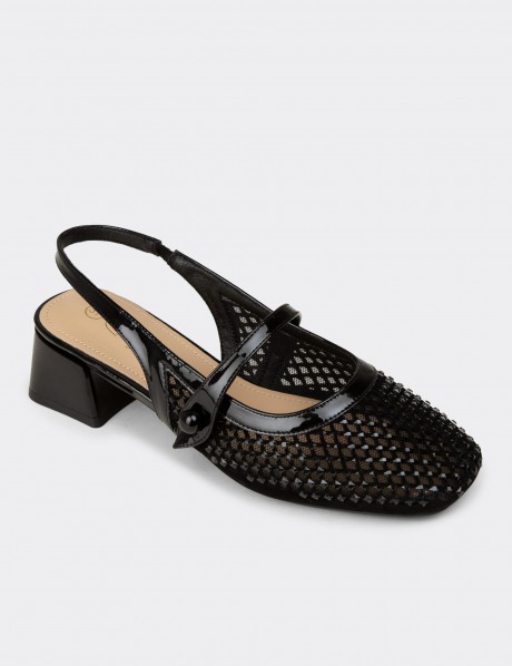Women's Black Crystal-Decorated Slingback Heels