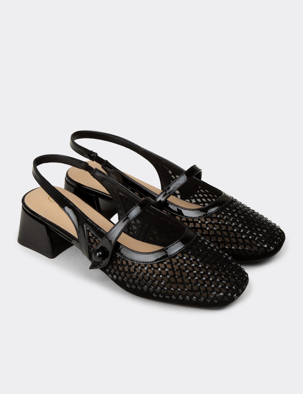 Women's Black Crystal-Decorated Slingback Heels - 26487ZSYHP01