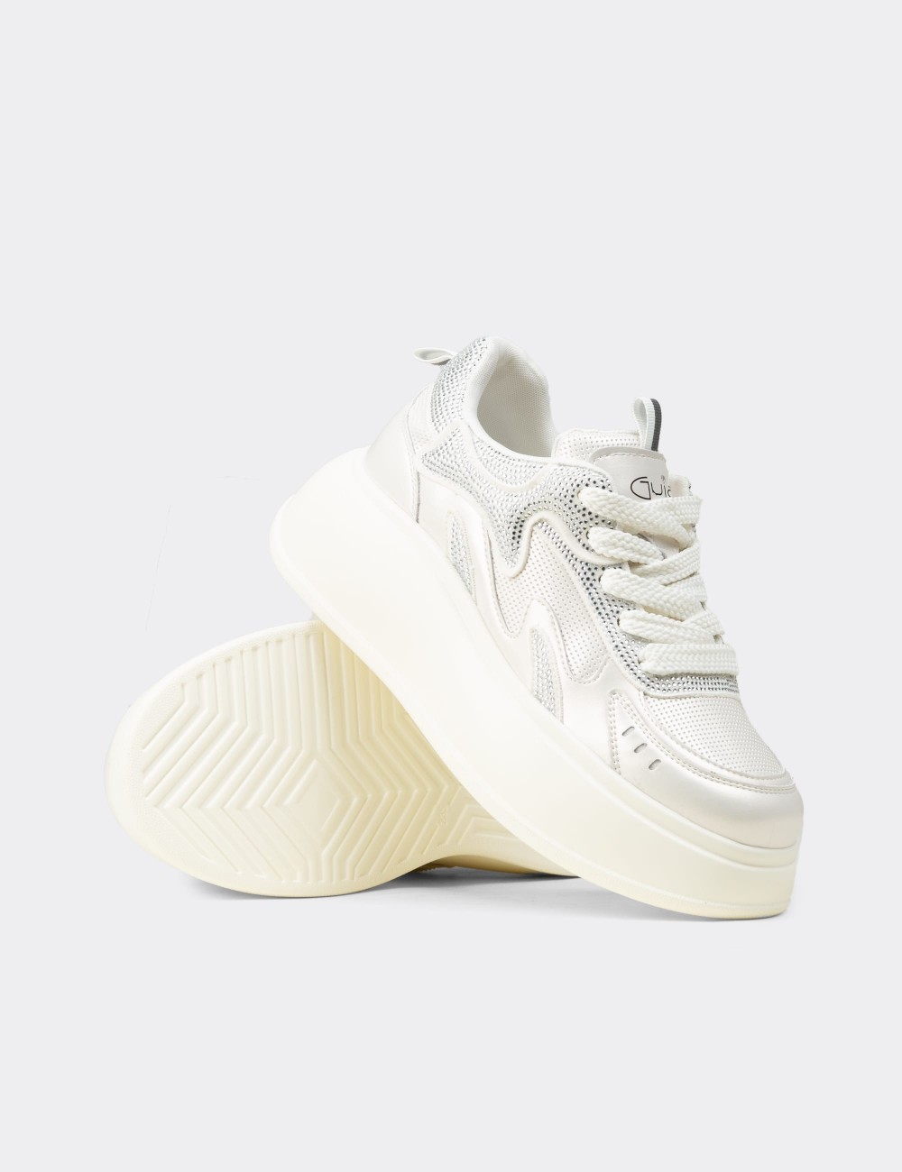 Women's White Crystal Platform Sneakers - 26424ZBYZP01