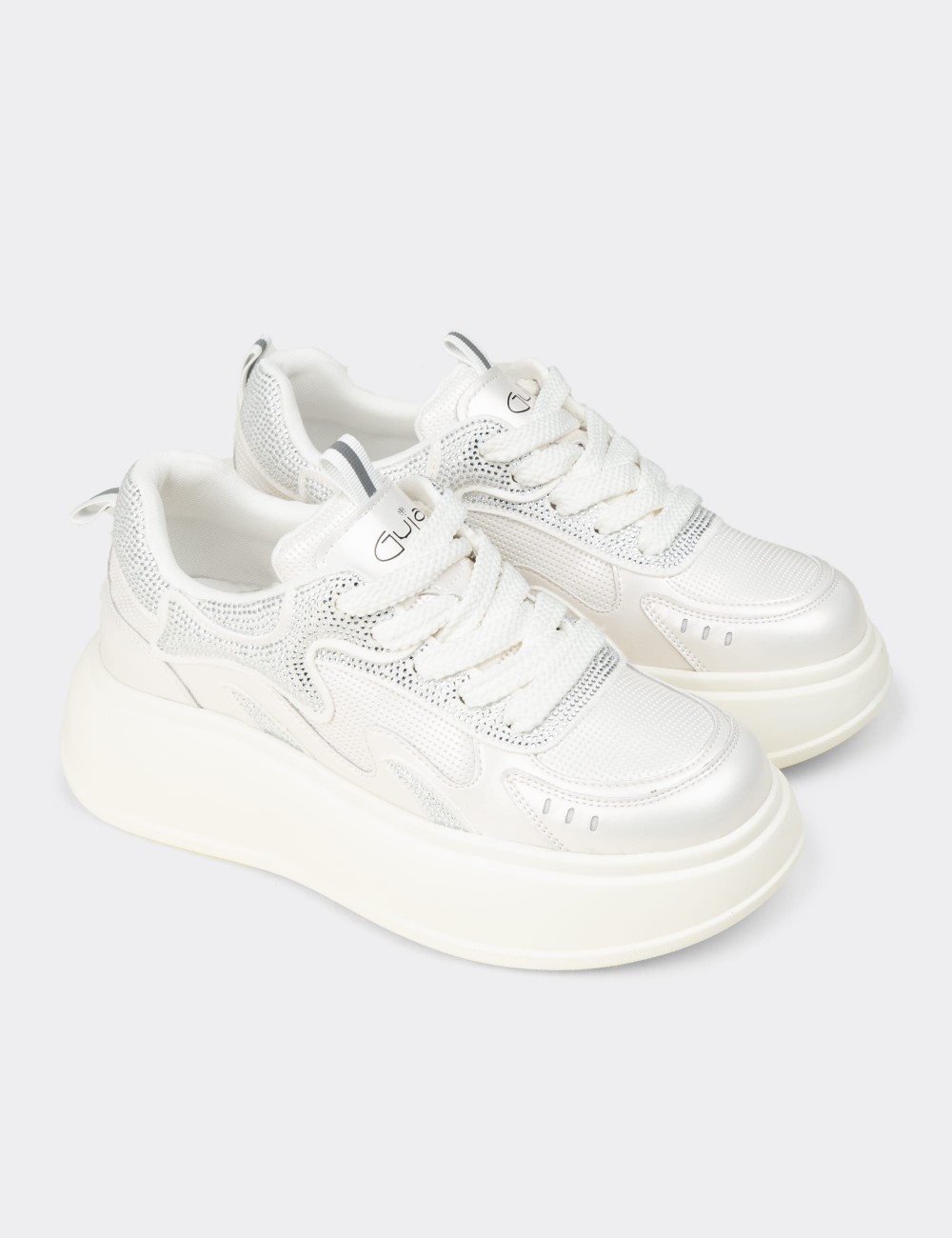 Women's White Crystal Platform Sneakers - 26424ZBYZP01