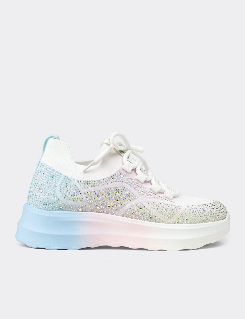 Women's Rhinestone-Embellished White Platform Sneakers - K0516ZBYZC01