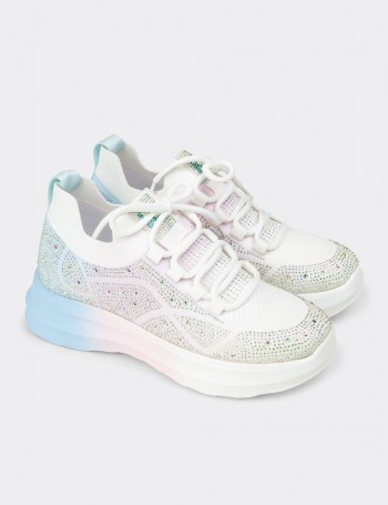 Women's Rhinestone-Embellished White Platform Sneakers