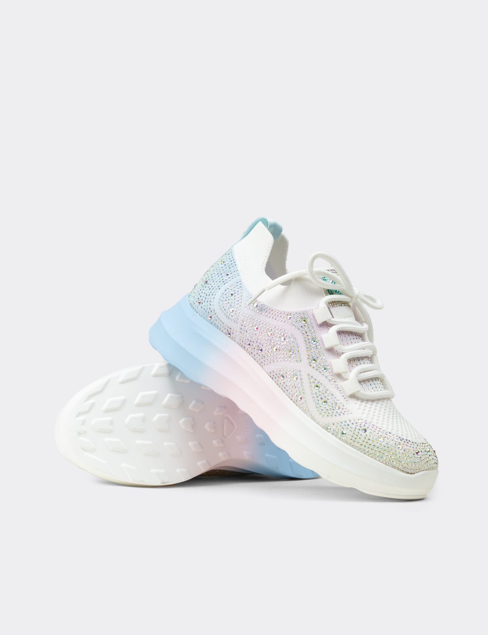 Women's Rhinestone-Embellished White Platform Sneakers - K0516ZBYZC01