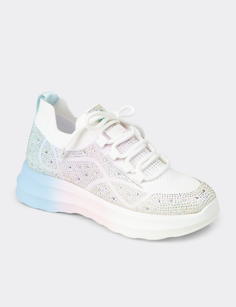 Women's Rhinestone-Embellished White Platform Sneakers - K0516ZBYZC01