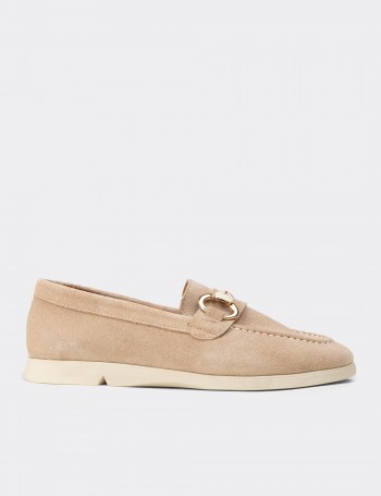 Women's Beige Suede Leather Loafers with Buckle
