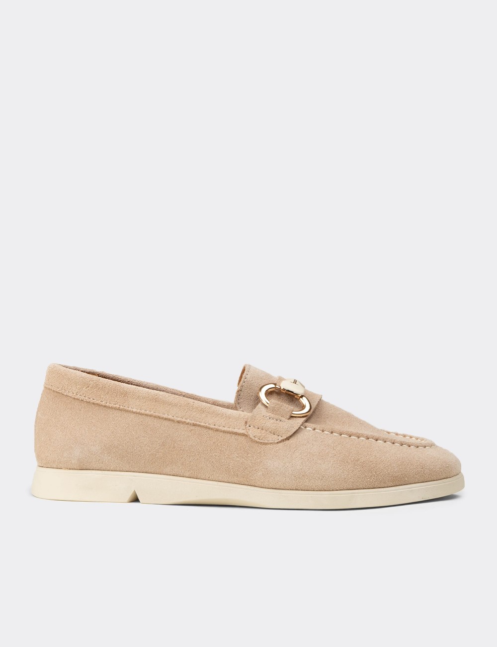 Women's Beige Suede Leather Loafers with Buckle - K5300ZBEJC01