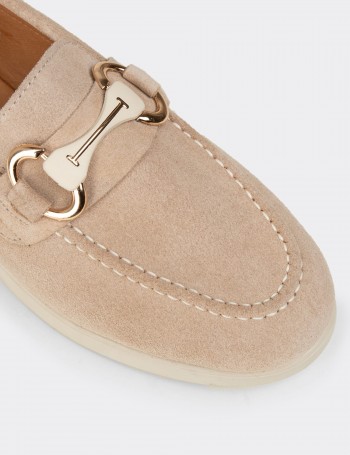Women's Beige Suede Leather Loafers with Buckle