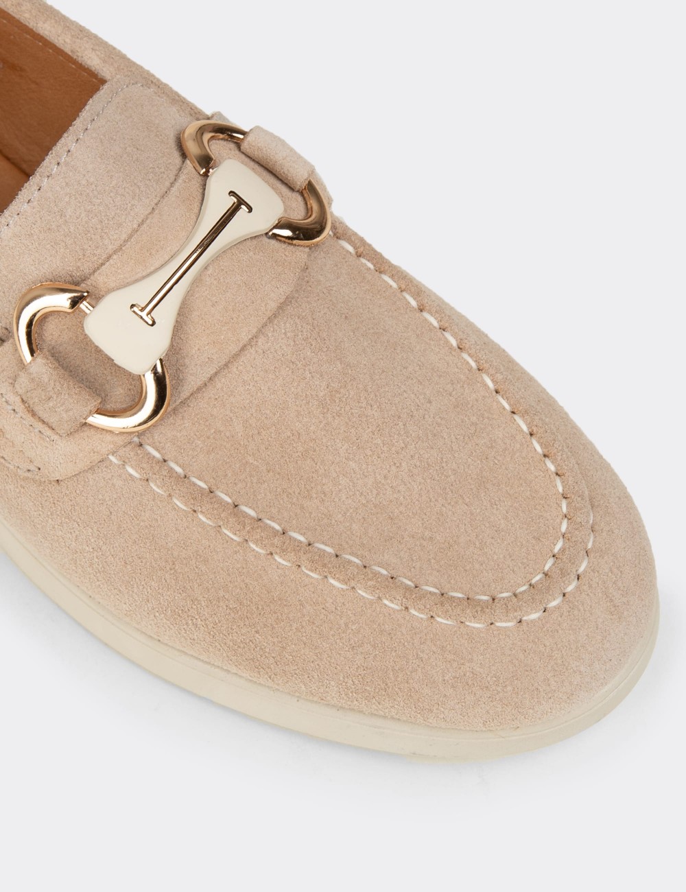 Women's Beige Suede Leather Loafers with Buckle - K5300ZBEJC01