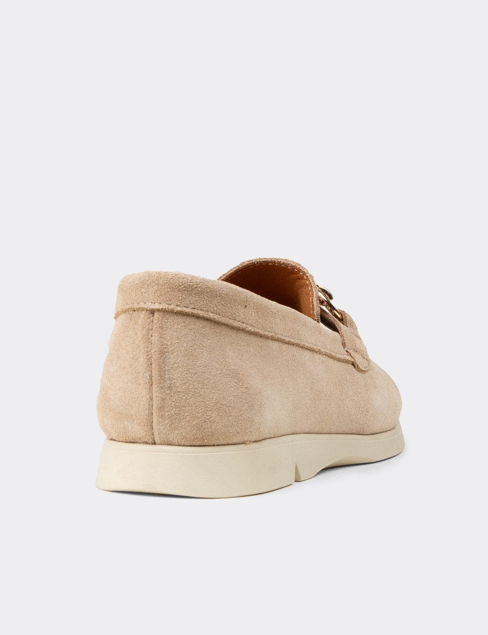 Women's Beige Suede Leather Loafers with Buckle - K5300ZBEJC01