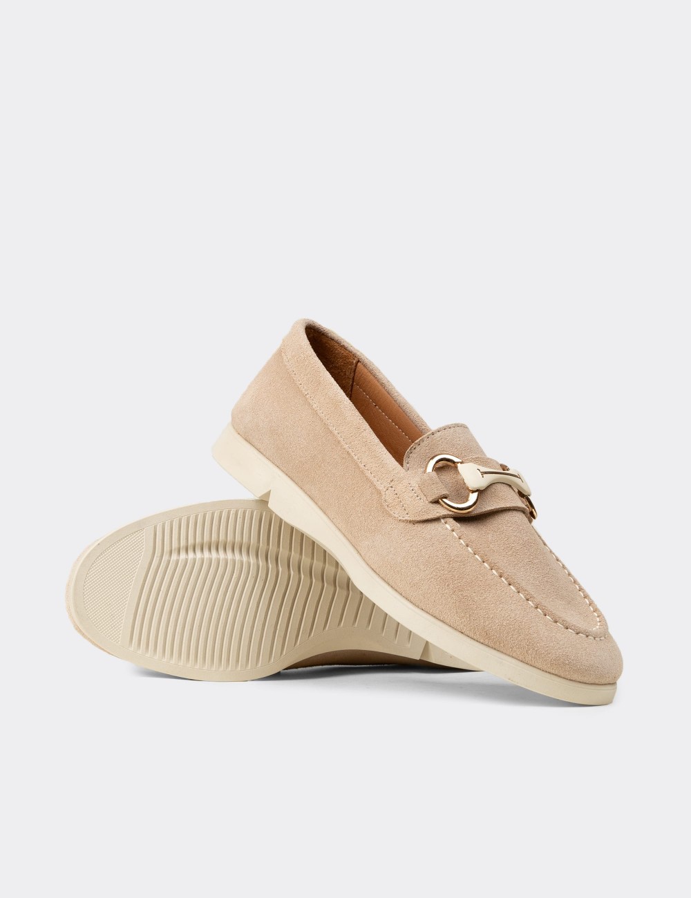 Women's Beige Suede Leather Loafers with Buckle - K5300ZBEJC01