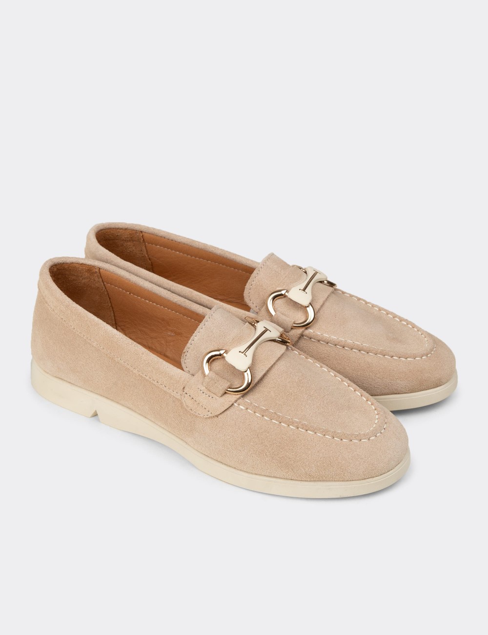 Women's Beige Suede Leather Loafers with Buckle - K5300ZBEJC01