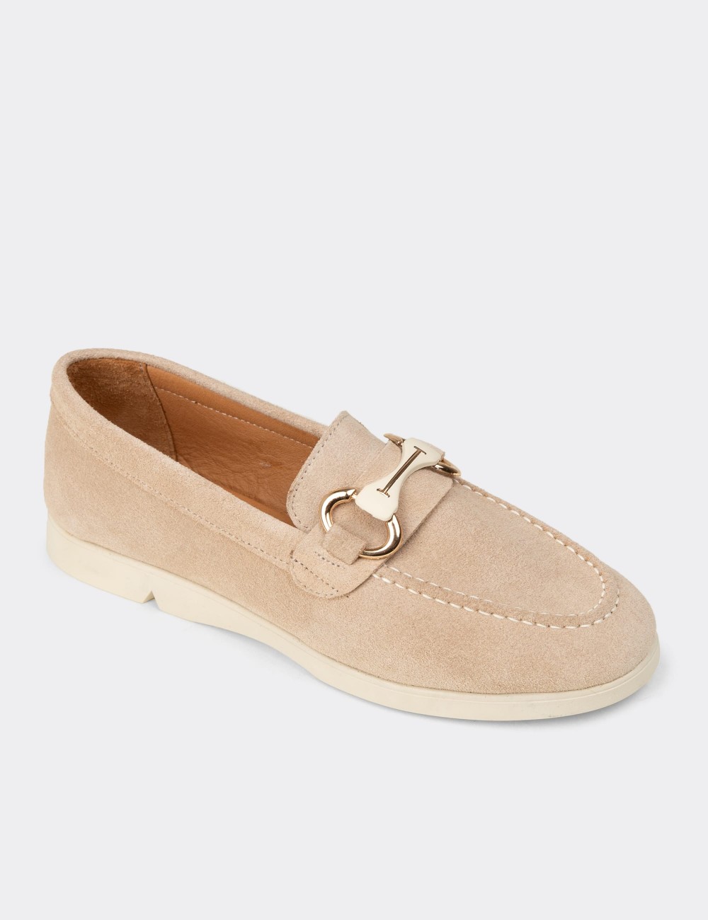Women's Beige Suede Leather Loafers with Buckle - K5300ZBEJC01