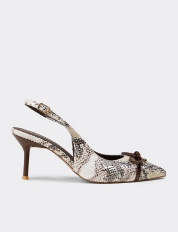 Women's Brown Snake-Effect Bow Slingback Heels - RD325ZKHVM01