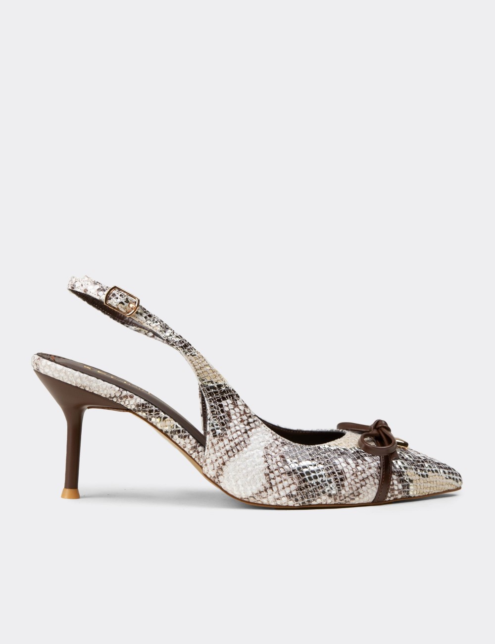 Women's Brown Snake-Effect Bow Slingback Heels - RD325ZKHVM01
