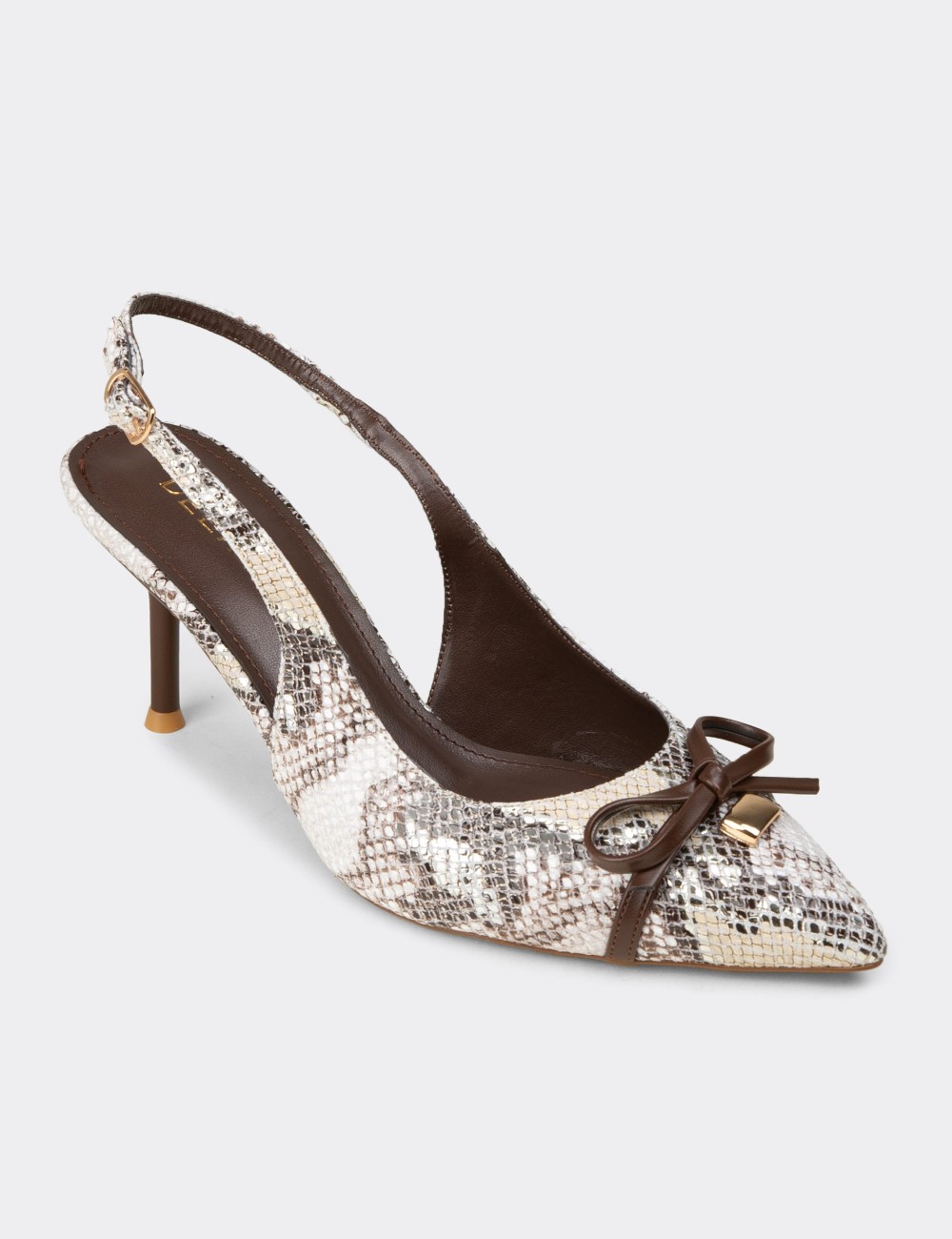Women's Brown Snake-Effect Bow Slingback Heels - RD325ZKHVM01