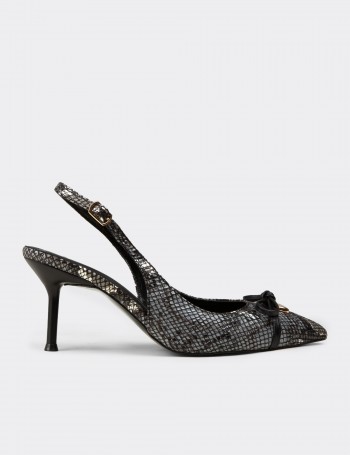 Women's Black Snake-Effect Slingback Heels with Bow Detail - RD325ZSYHM01