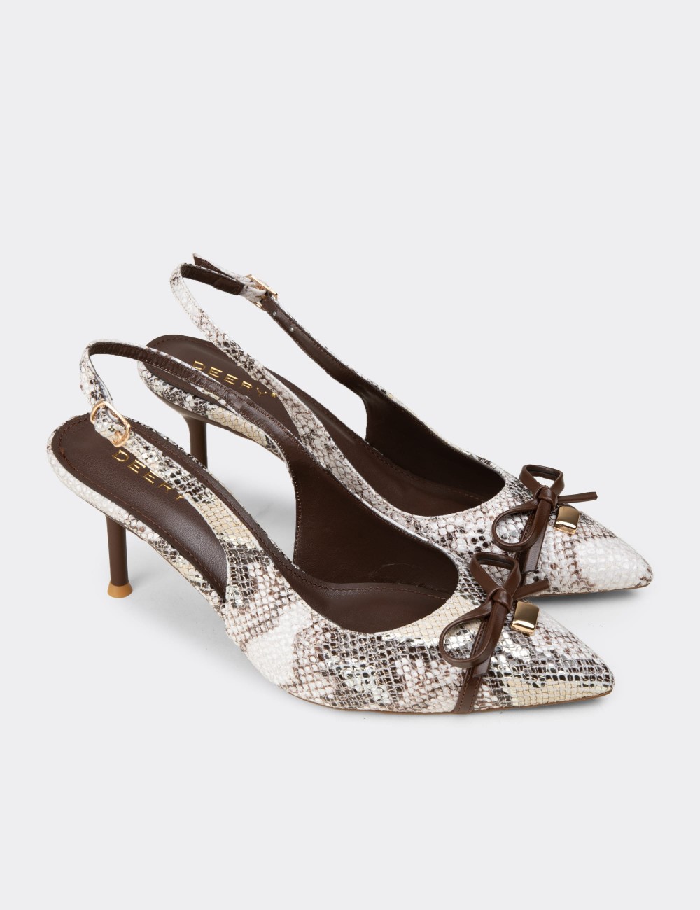 Women's Brown Snake-Effect Bow Slingback Heels - RD325ZKHVM01