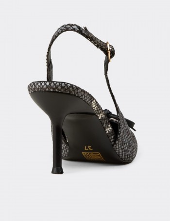 Women's Black Snake-Effect Slingback Heels with Bow Detail - RD325ZSYHM01