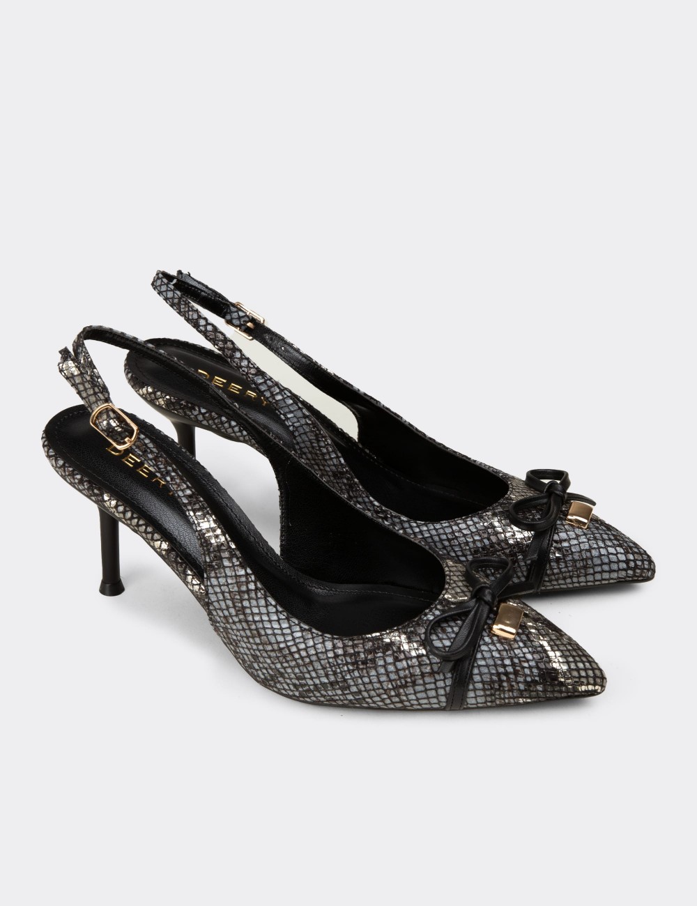 Women's Black Snake-Effect Slingback Heels with Bow Detail - RD325ZSYHM01