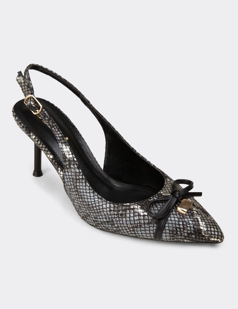 Women's Black Snake-Effect Slingback Heels with Bow Detail - RD325ZSYHM01