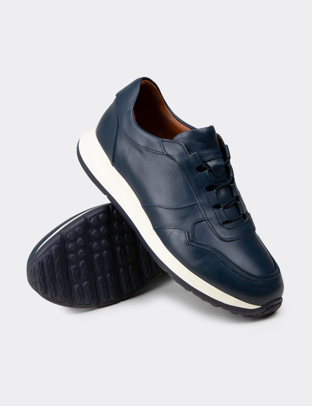 Men's Navy Leather Sneakers - E8210MLCVE01
