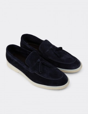 Men's Navy Suede Leather Tassel Loafers - 02027MLCVC01