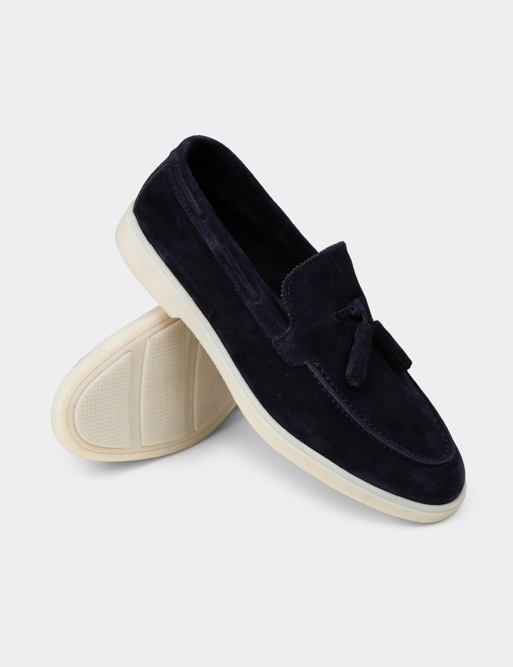 Men's Navy Suede Leather Tassel Loafers - 02027MLCVC01