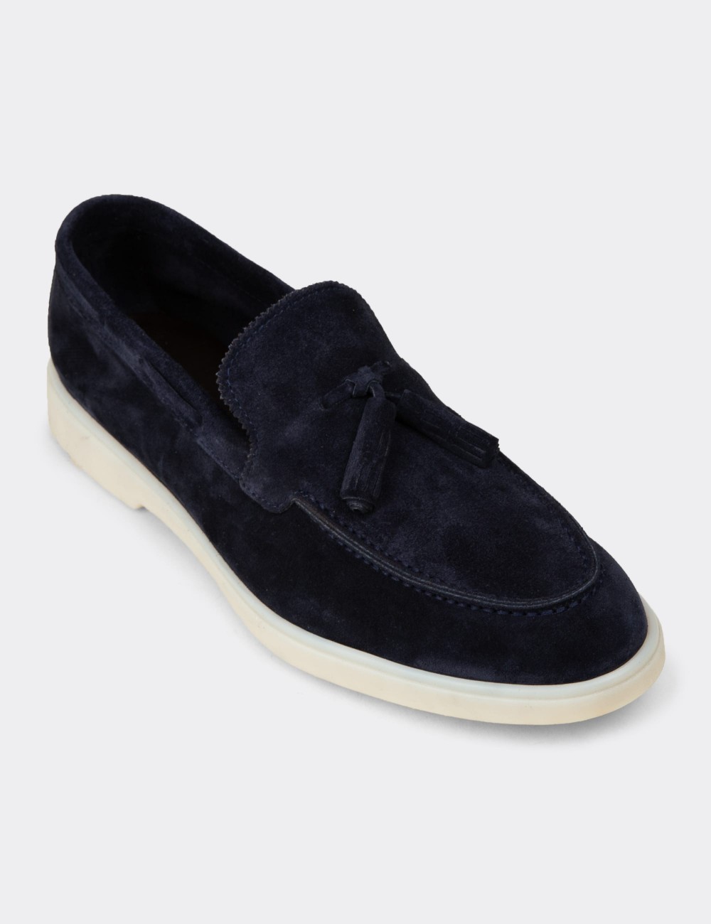 Men's Navy Suede Leather Tassel Loafers - 02027MLCVC01