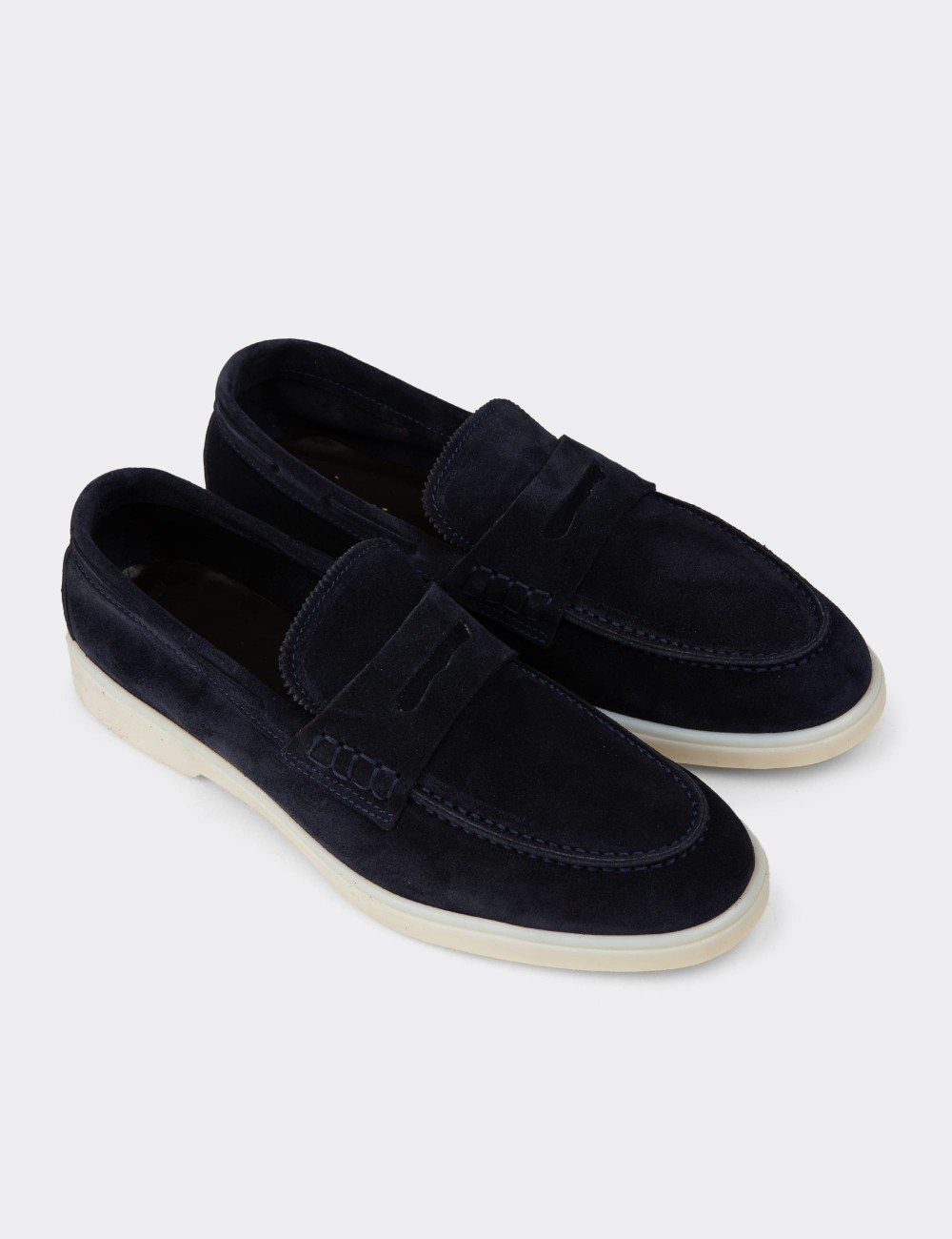 Men's Navy Suede Leather Loafers - 02028MLCVC01
