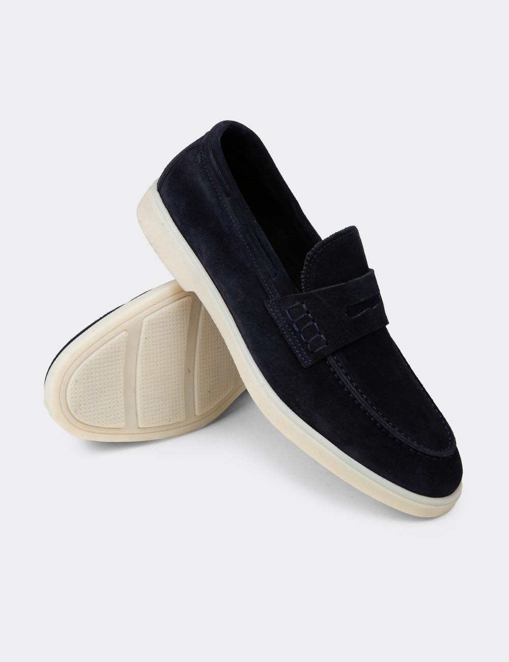 Men's Navy Suede Leather Loafers - 02028MLCVC01