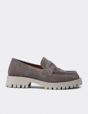 Women's Gray Suede Leather Loafers