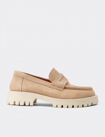 Women's Beige Suede Leather Loafers