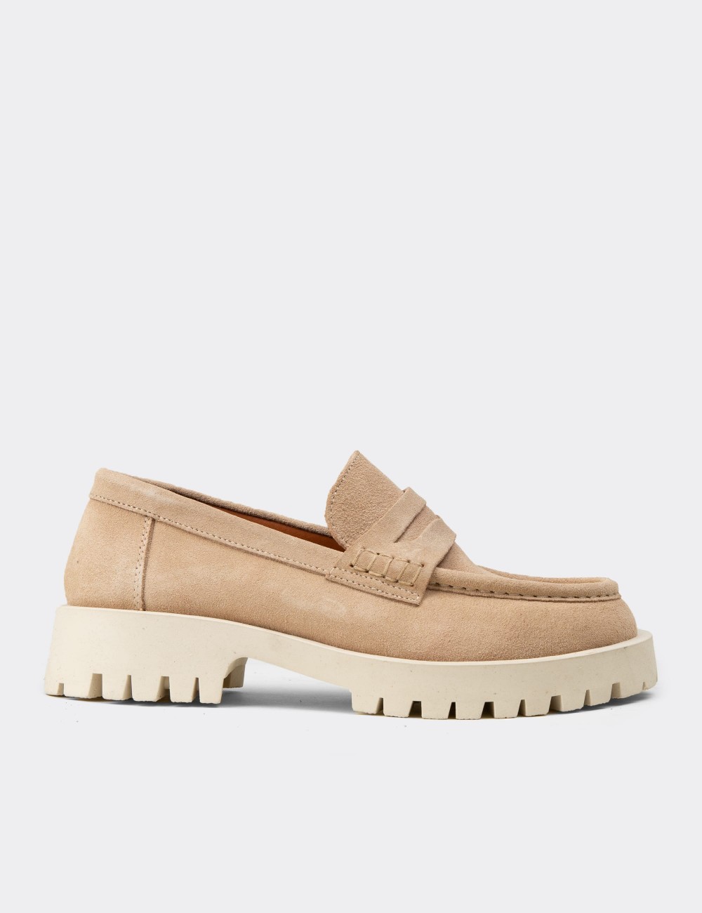 Women's Beige Suede Leather Loafers - 02034ZBEJC01