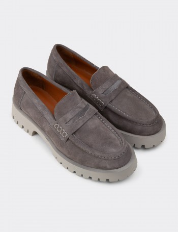 Women's Gray Suede Leather Loafers