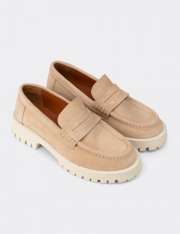 Women's Beige Suede Leather Loafers