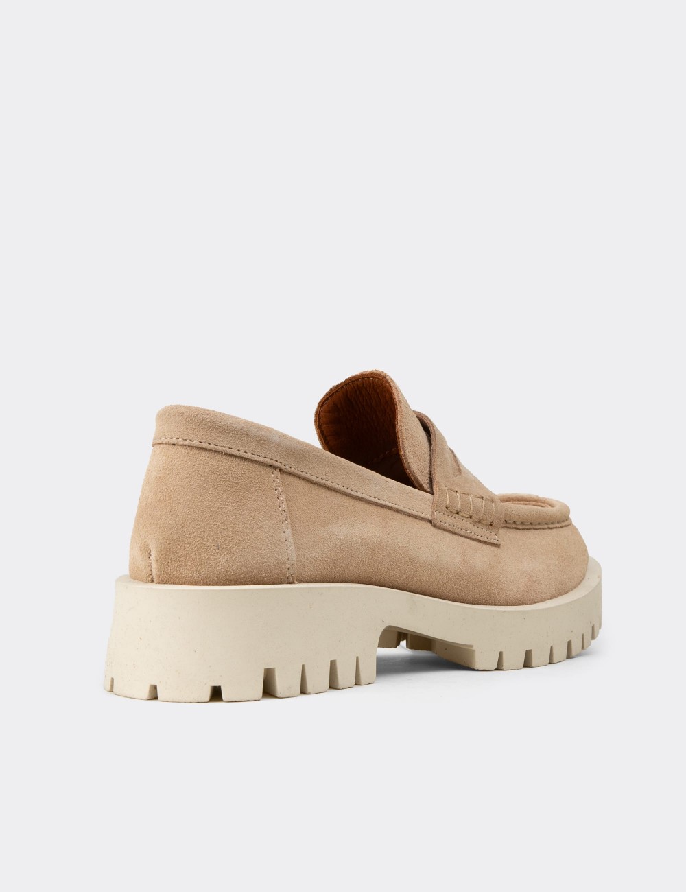 Women's Beige Suede Leather Loafers - 02034ZBEJC01