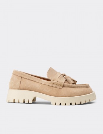 Women's Beige Suede Leather Loafers