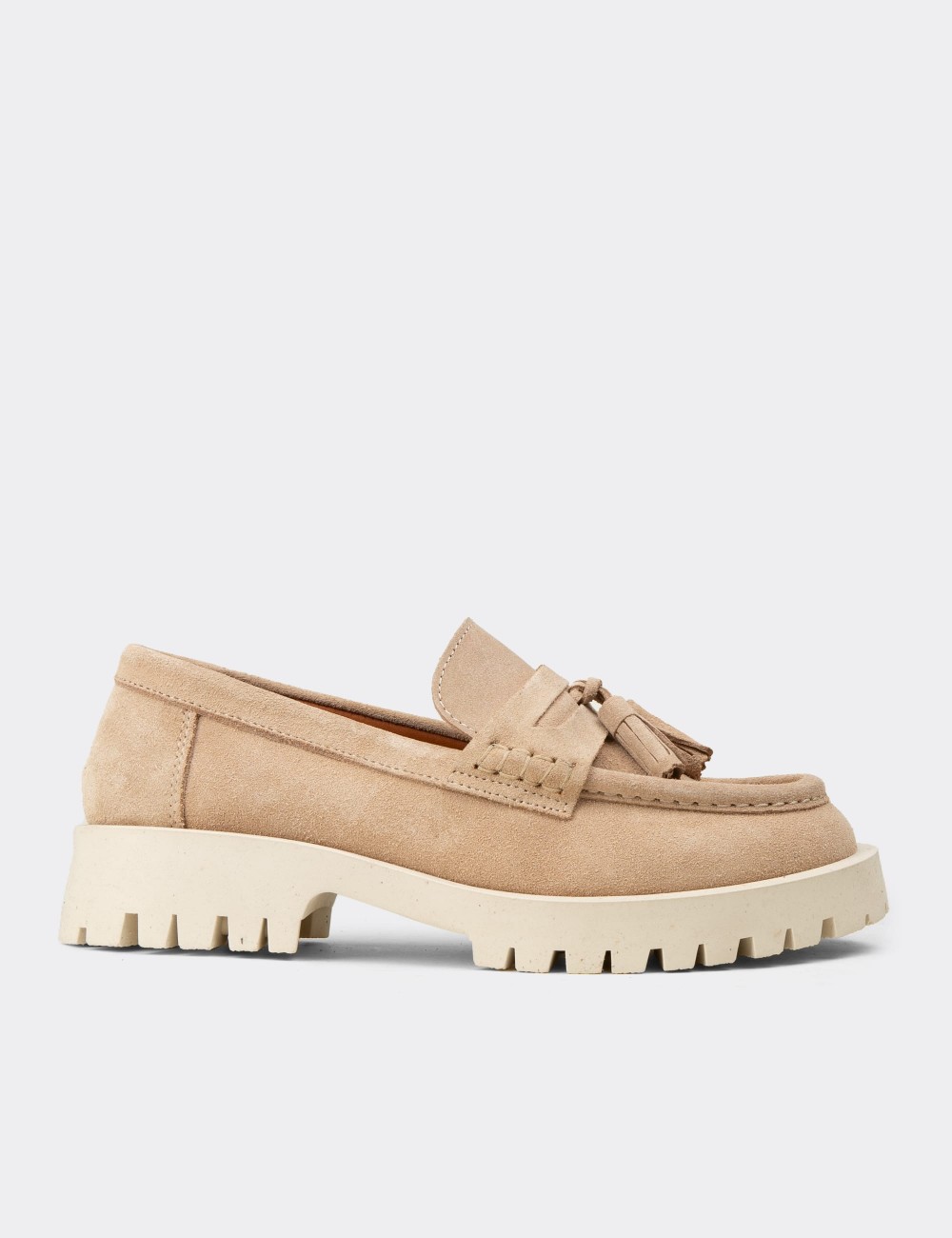 Women's Beige Suede Leather Loafers - 02035ZBEJC01