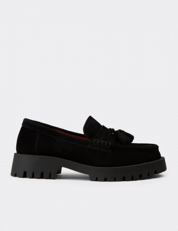 Women's Black Suede Leather Tassel Loafers