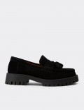 Women's Black Suede Leather Tassel Loafers