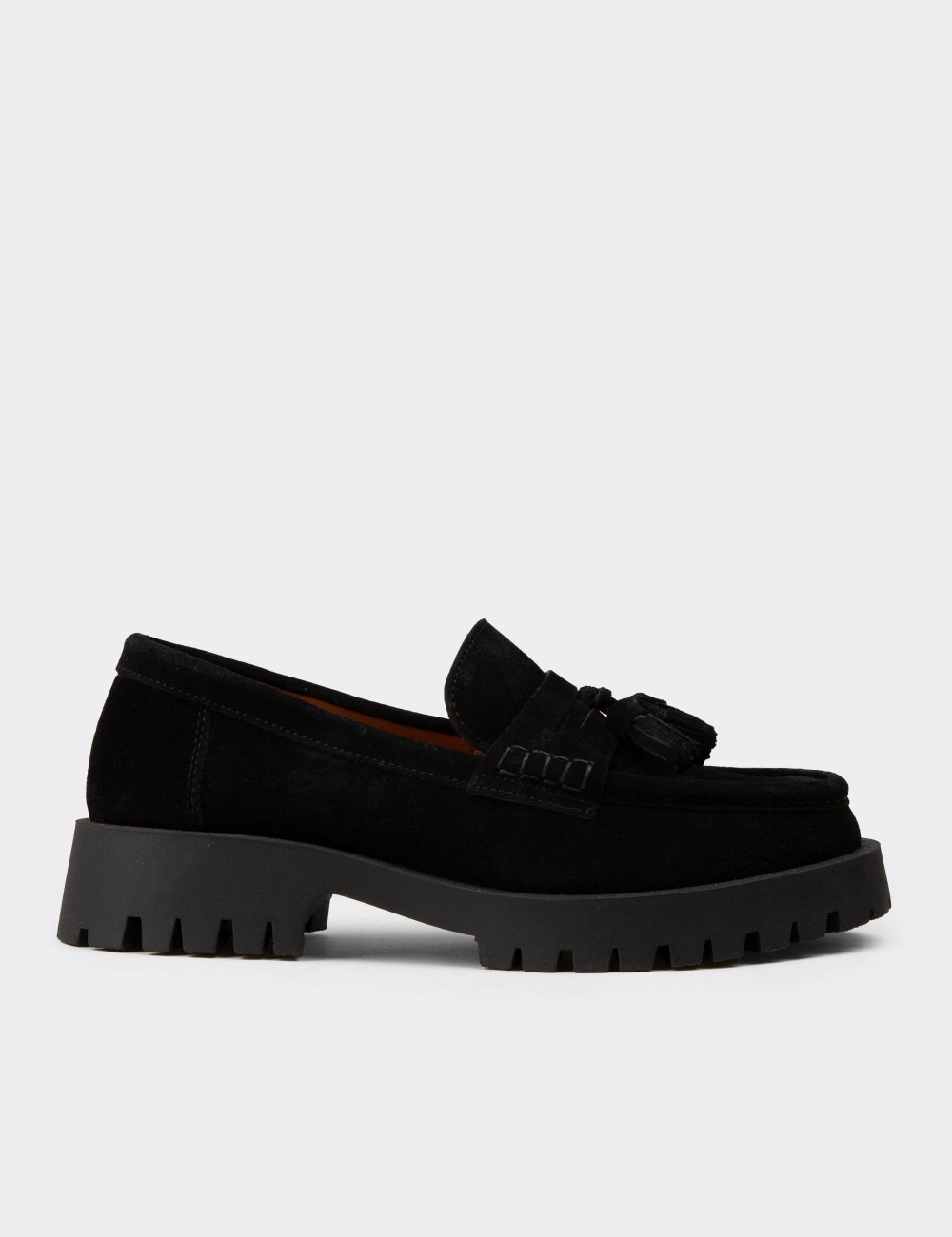Women's Black Suede Leather Tassel Loafers - 02035ZSYHC01