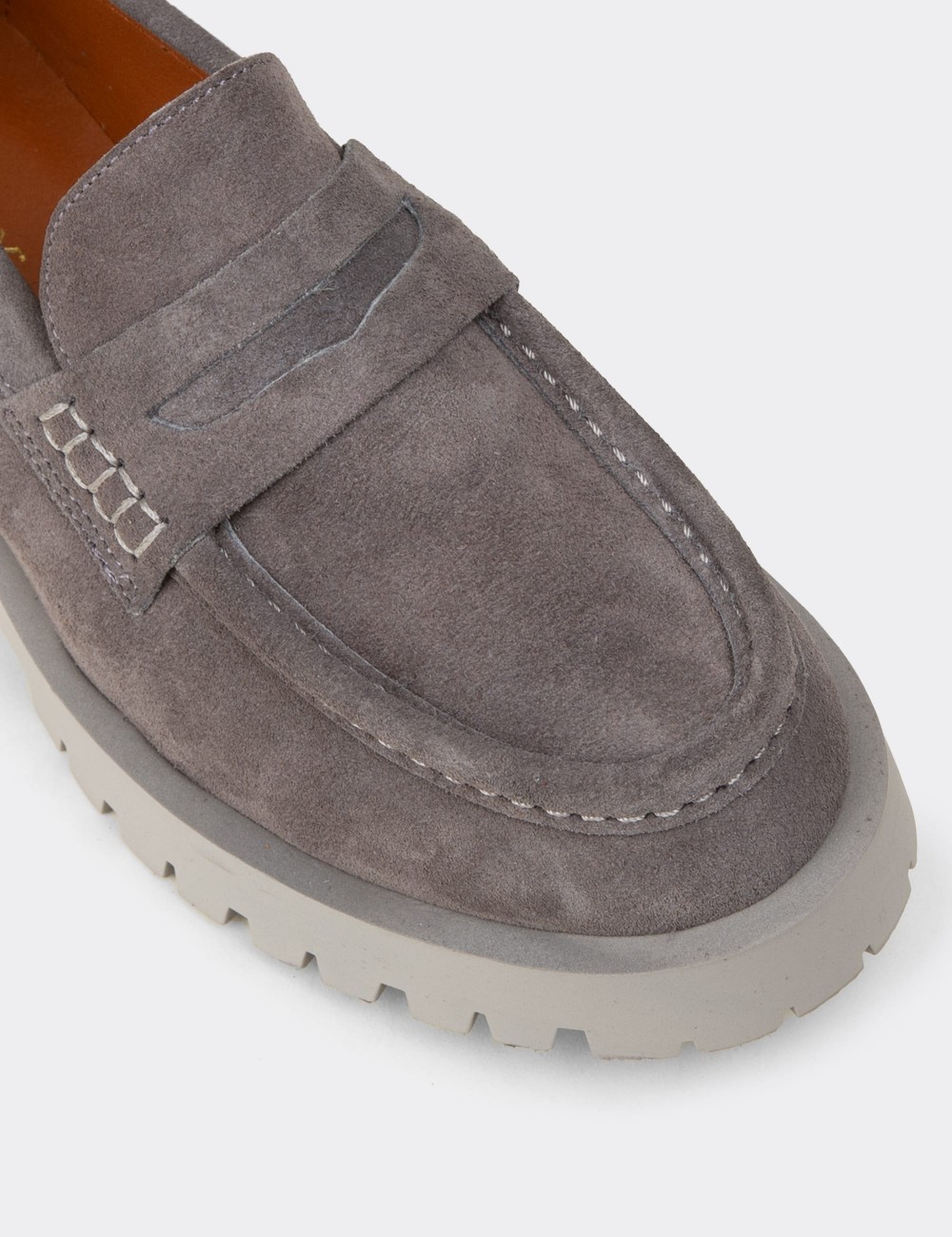 Women's Gray Suede Leather Loafers - 02034ZGRIC01