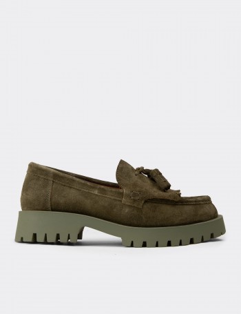 Women's Green Suede Leather Tassel Loafers